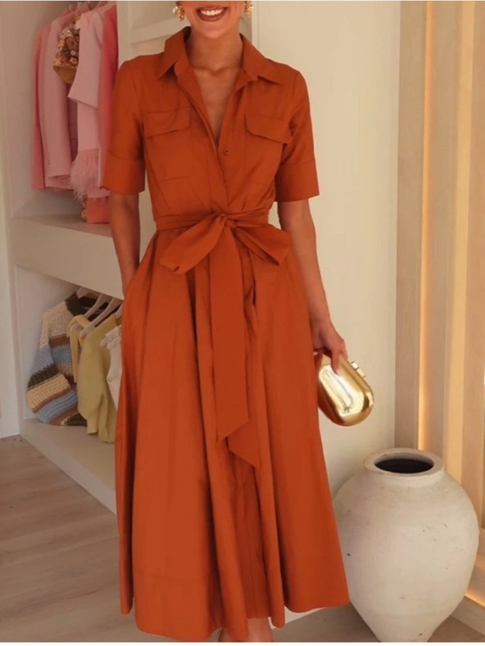 Zara viral burnt orange tie waist Shirt Dress NWT, Size M